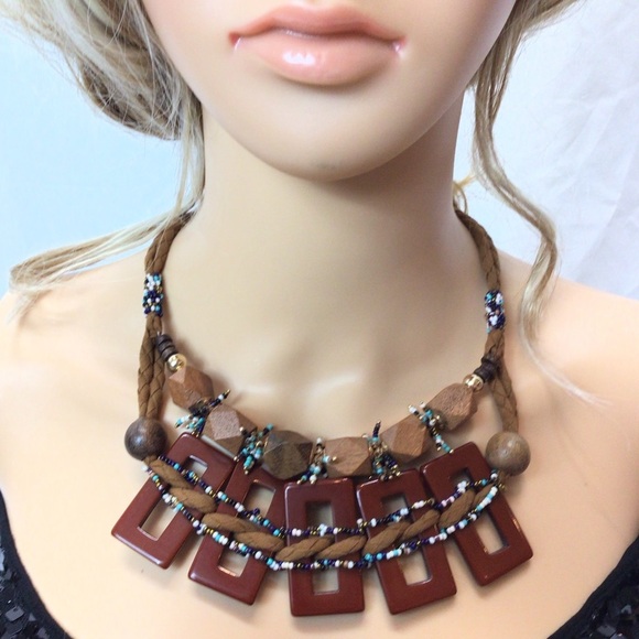Est 1946 Potting Soil Brown Boho Wood Bead Choker Statement Necklace #C2 - Picture 6 of 7